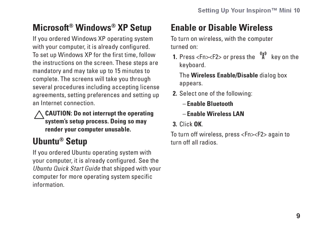 Dell 1011 Microsoft Windows XP Setup, Ubuntu Setup, Enable or Disable Wireless, Wireless Enable/Disable dialog box appears 