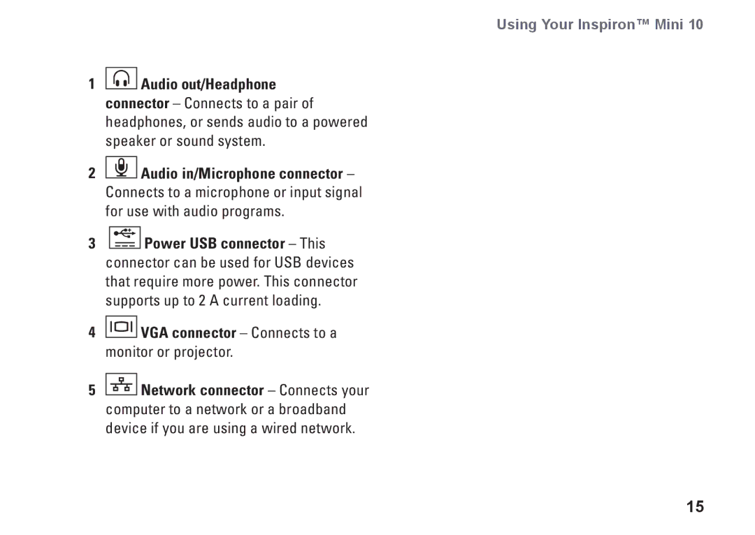 Dell 1011, K621P setup guide Using Your Inspiron Mini, VGA connector Connects to a monitor or projector 