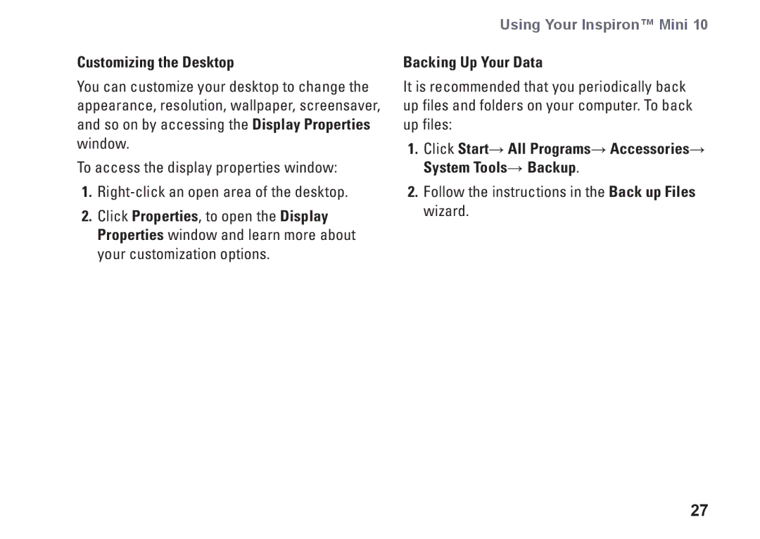 Dell 1011, K621P setup guide Customizing the Desktop, Backing Up Your Data 