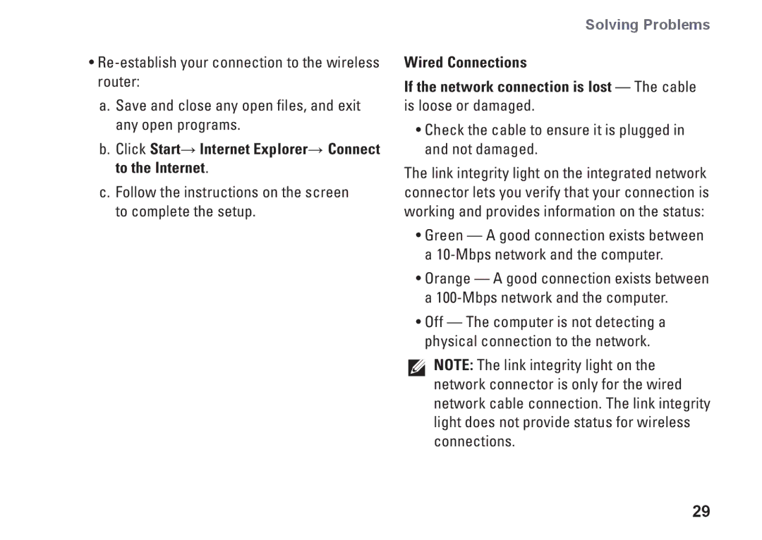 Dell 1011, K621P setup guide Click Start→ Internet Explorer→ Connect to the Internet, Solving Problems 