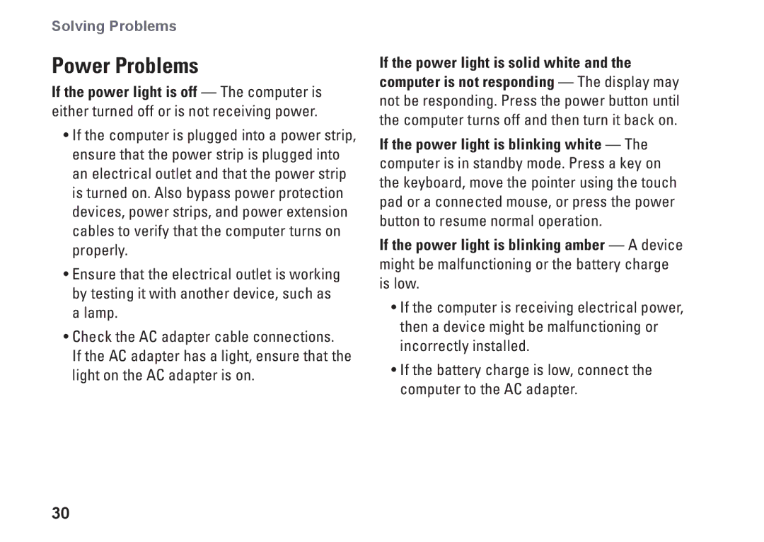 Dell K621P, 1011 setup guide Power Problems 