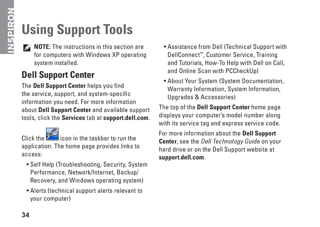 Dell K621P, 1011 setup guide Using Support Tools, Dell Support Center 