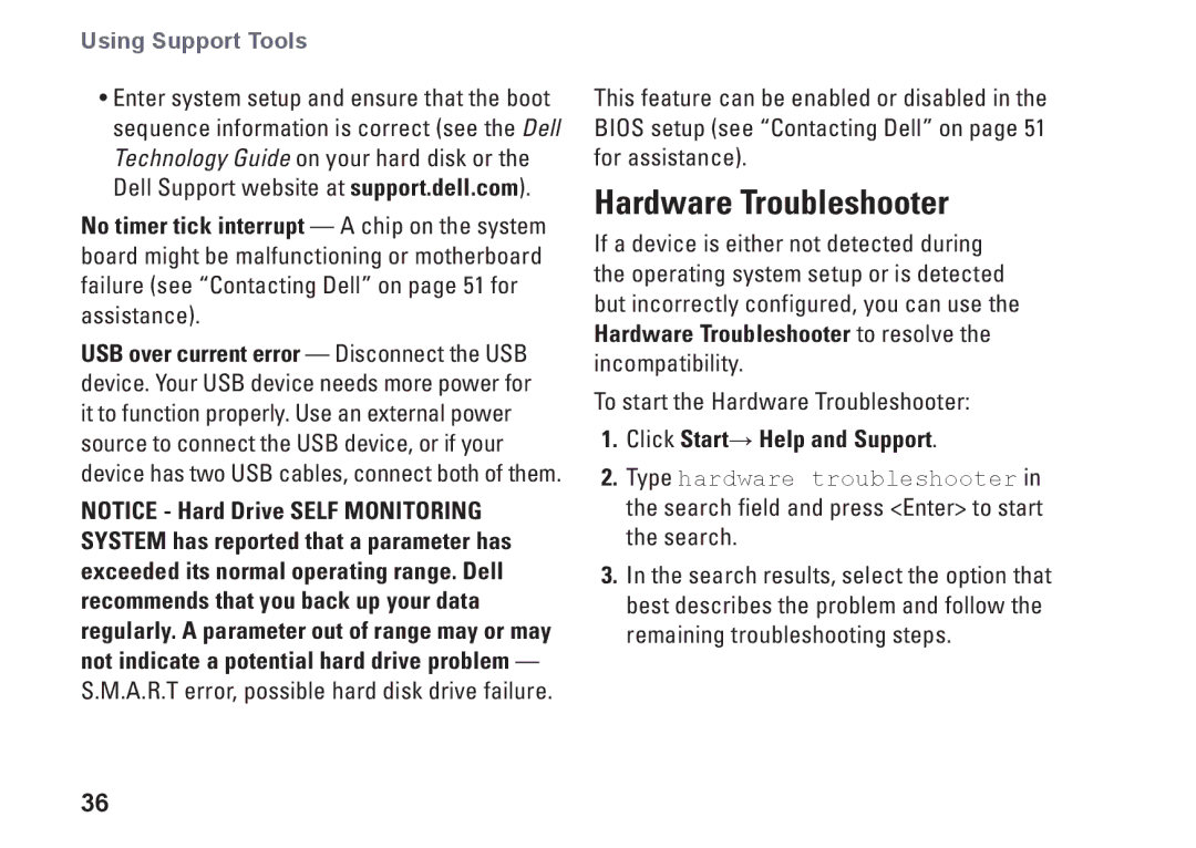 Dell K621P, 1011 setup guide Hardware Troubleshooter, Click Start→ Help and Support 