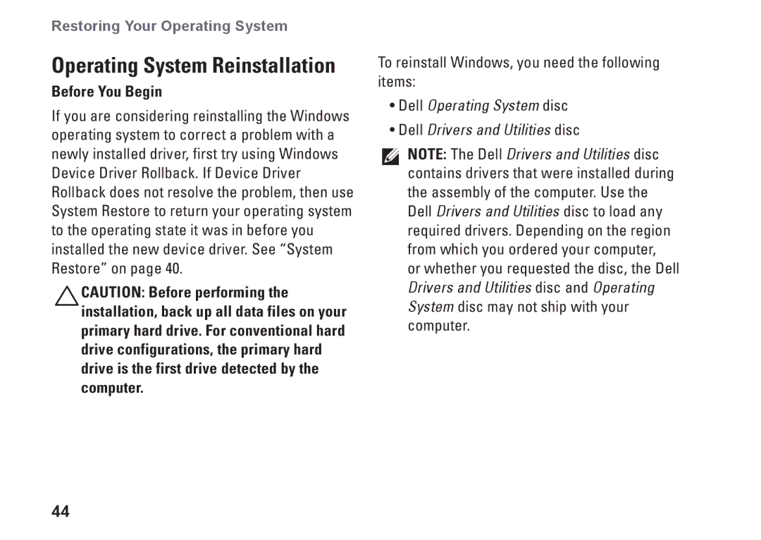 Dell K621P, 1011 setup guide Operating System Reinstallation, Before You Begin 