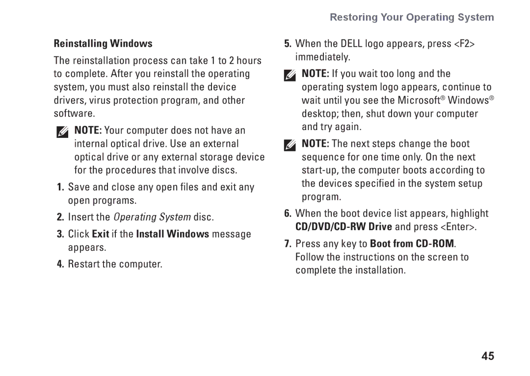 Dell 1011, K621P setup guide Reinstalling Windows, Click Exit if the Install Windows message appears 