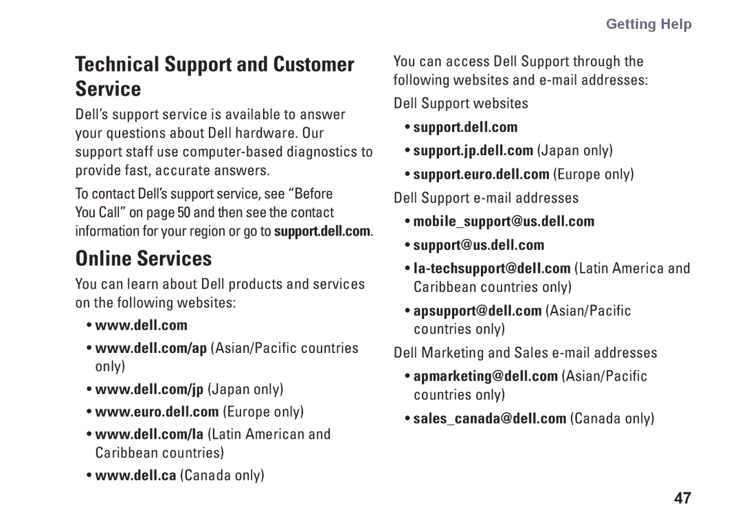 Dell 1011, K621P setup guide Technical Support and Customer Service, Online Services 