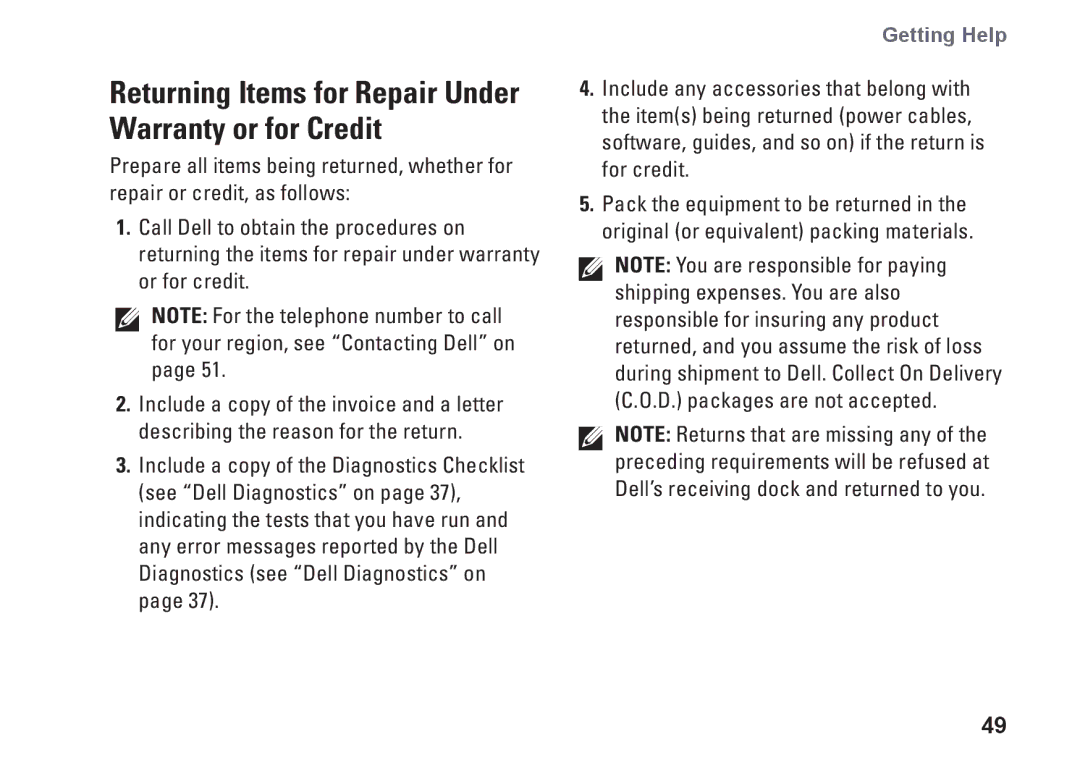 Dell 1011, K621P setup guide Returning Items for Repair Under Warranty or for Credit 