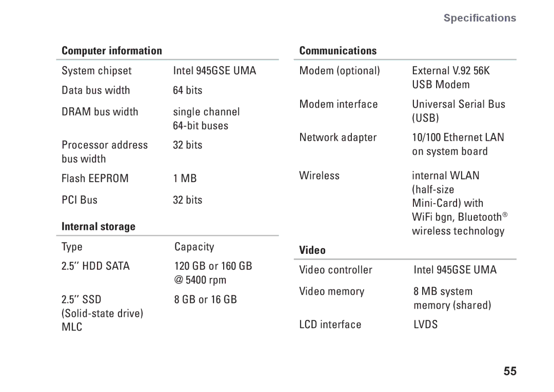 Dell 1011, K621P setup guide Computer information, Internal storage, Communications, Video 