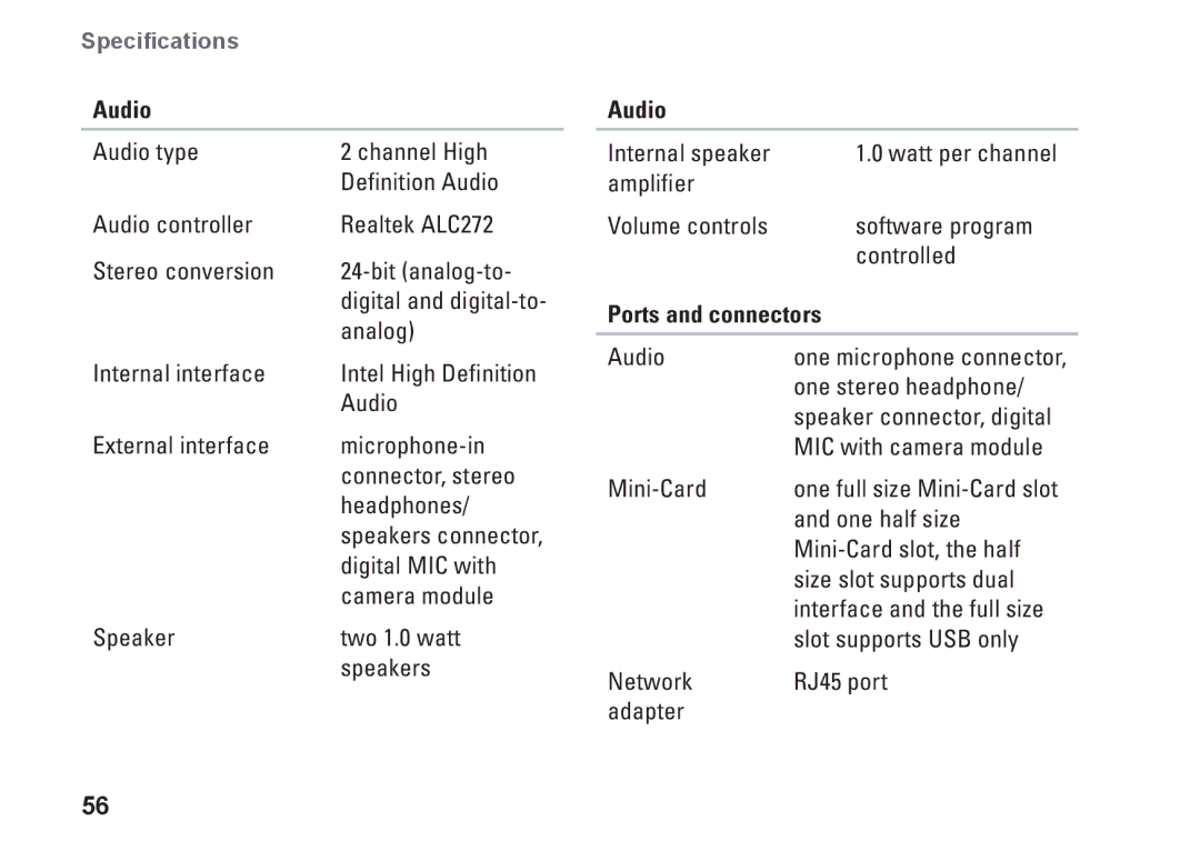 Dell K621P, 1011 setup guide Audio, Ports and connectors 