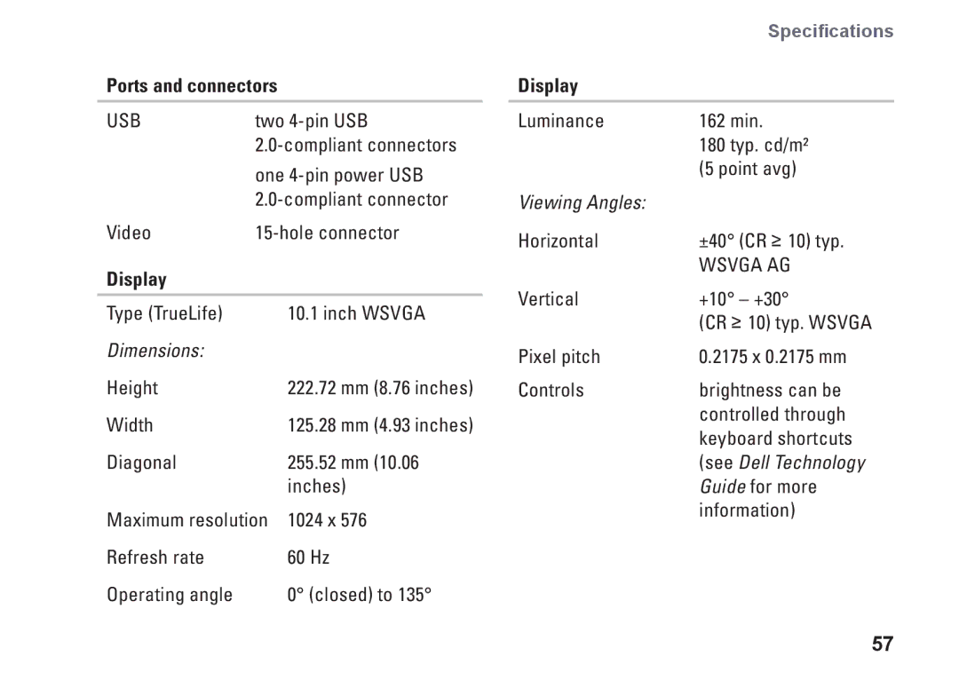 Dell 1011, K621P setup guide Display, Dimensions 