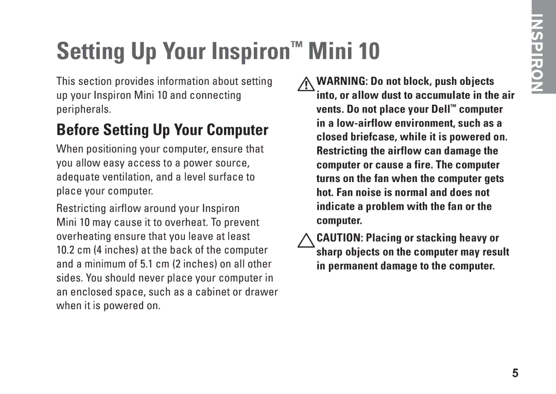 Dell 1011, K621P setup guide Setting Up Your Inspiron Mini, Before Setting Up Your Computer 