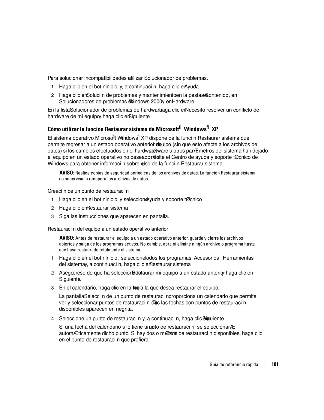 Dell K7821 manual Creación de un punto de restauración, Restauración del equipo a un estado operativo anterior, 101 