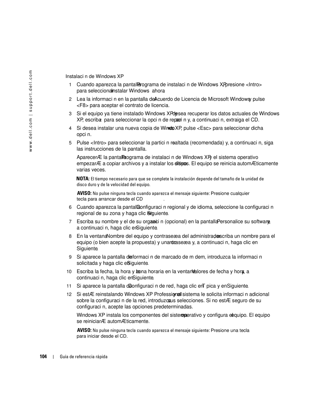 Dell K7821 manual Instalación de Windows XP, 104 