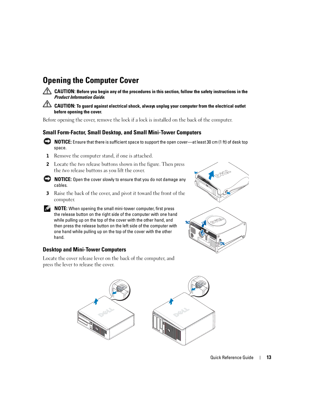 Dell K7821 manual Opening the Computer Cover, Desktop and Mini-Tower Computers 