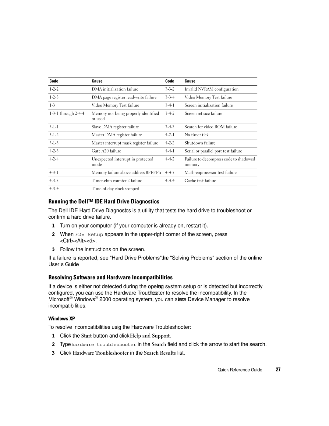 Dell K7821 Running the Dell IDE Hard Drive Diagnostics, Resolving Software and Hardware Incompatibilities, Windows XP 