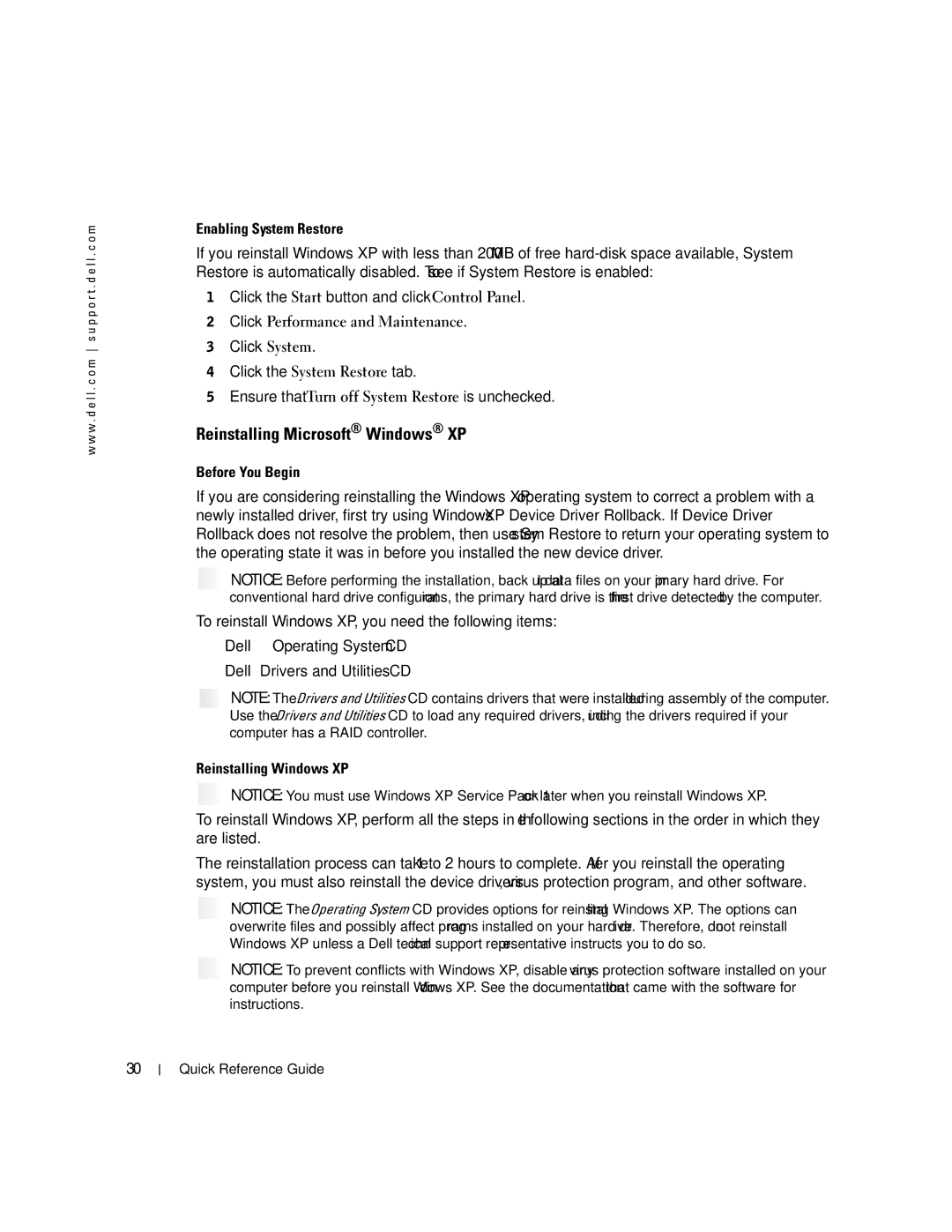 Dell K7821 manual Reinstalling Microsoft Windows XP, Enabling System Restore, Before You Begin 