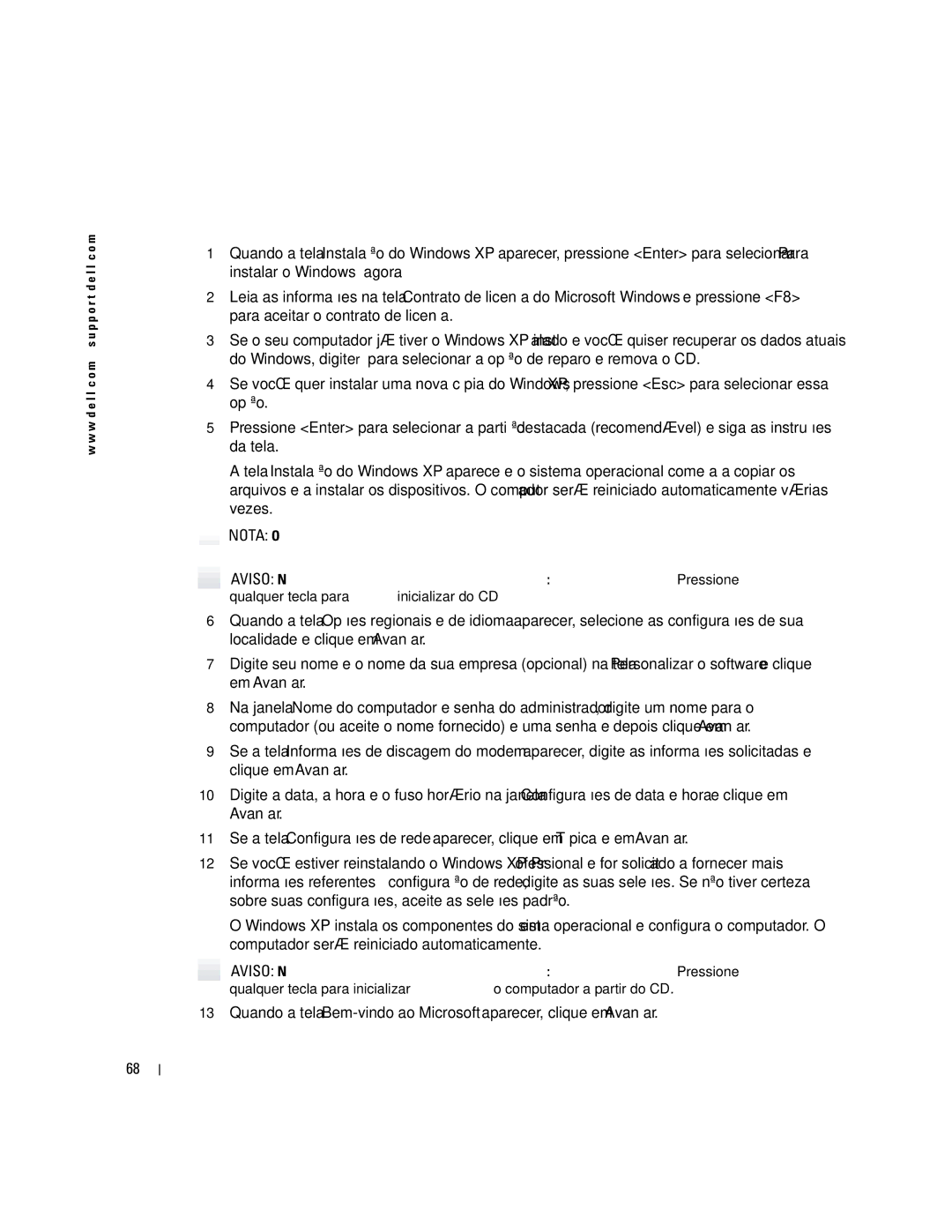 Dell K7821 manual Instalação do Windows XP 