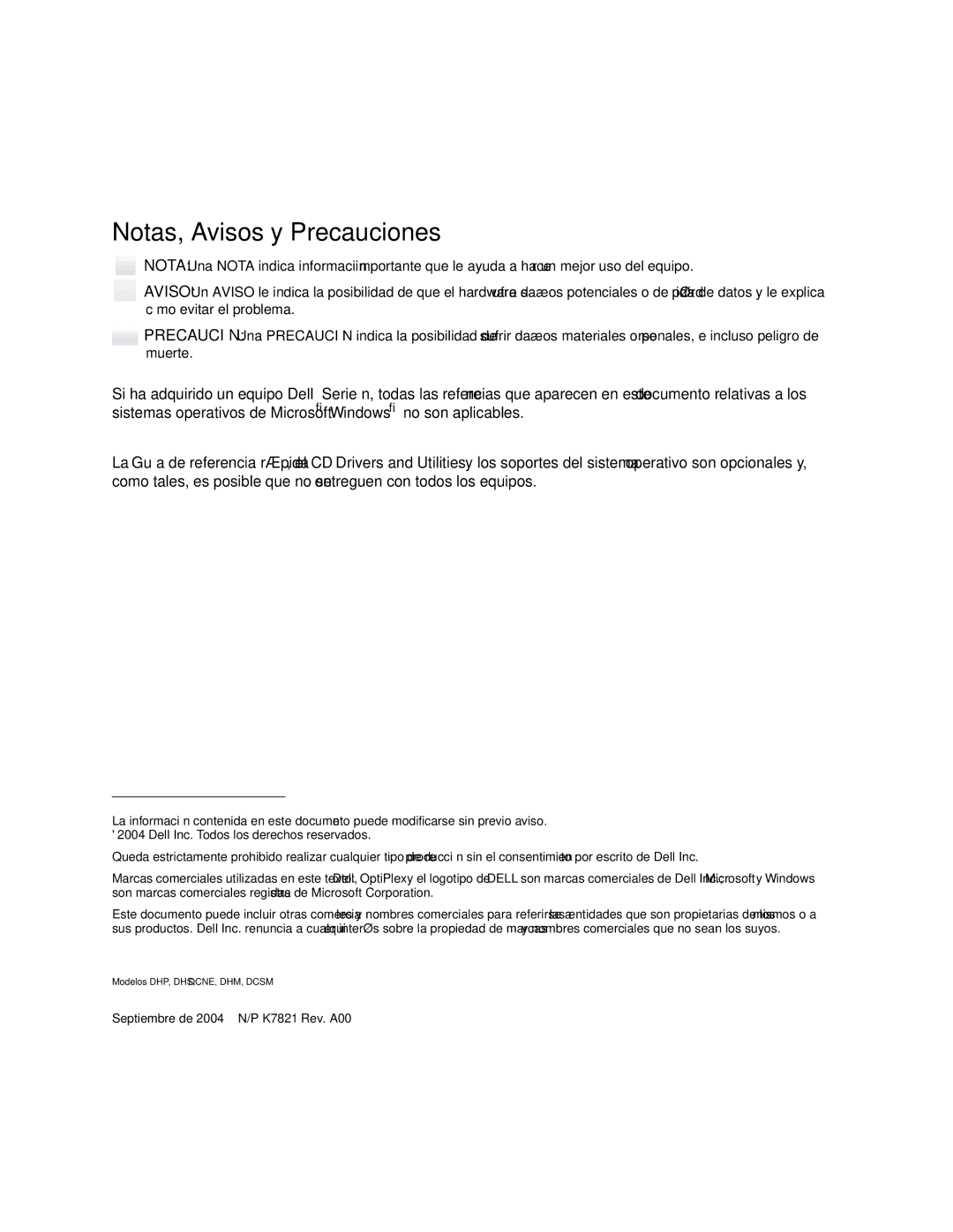 Dell K7821 manual Notas, Avisos y Precauciones 