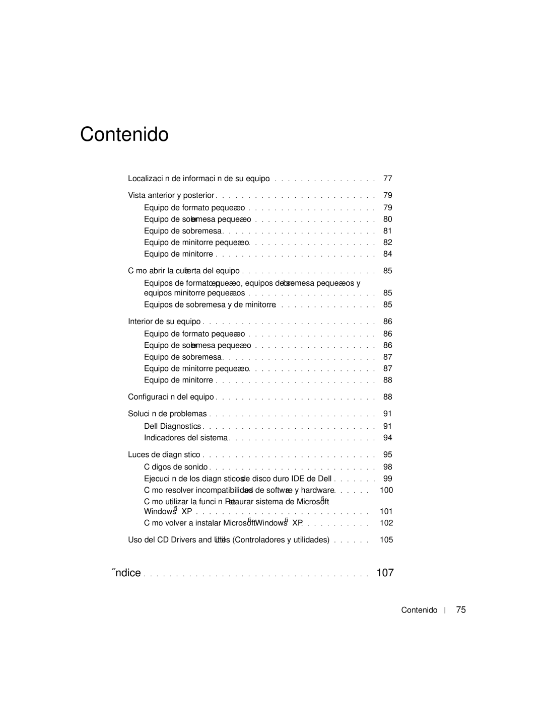 Dell K7821 manual Localización de información de su equipo, Equipos de sobremesa y de minitorre, Contenido 