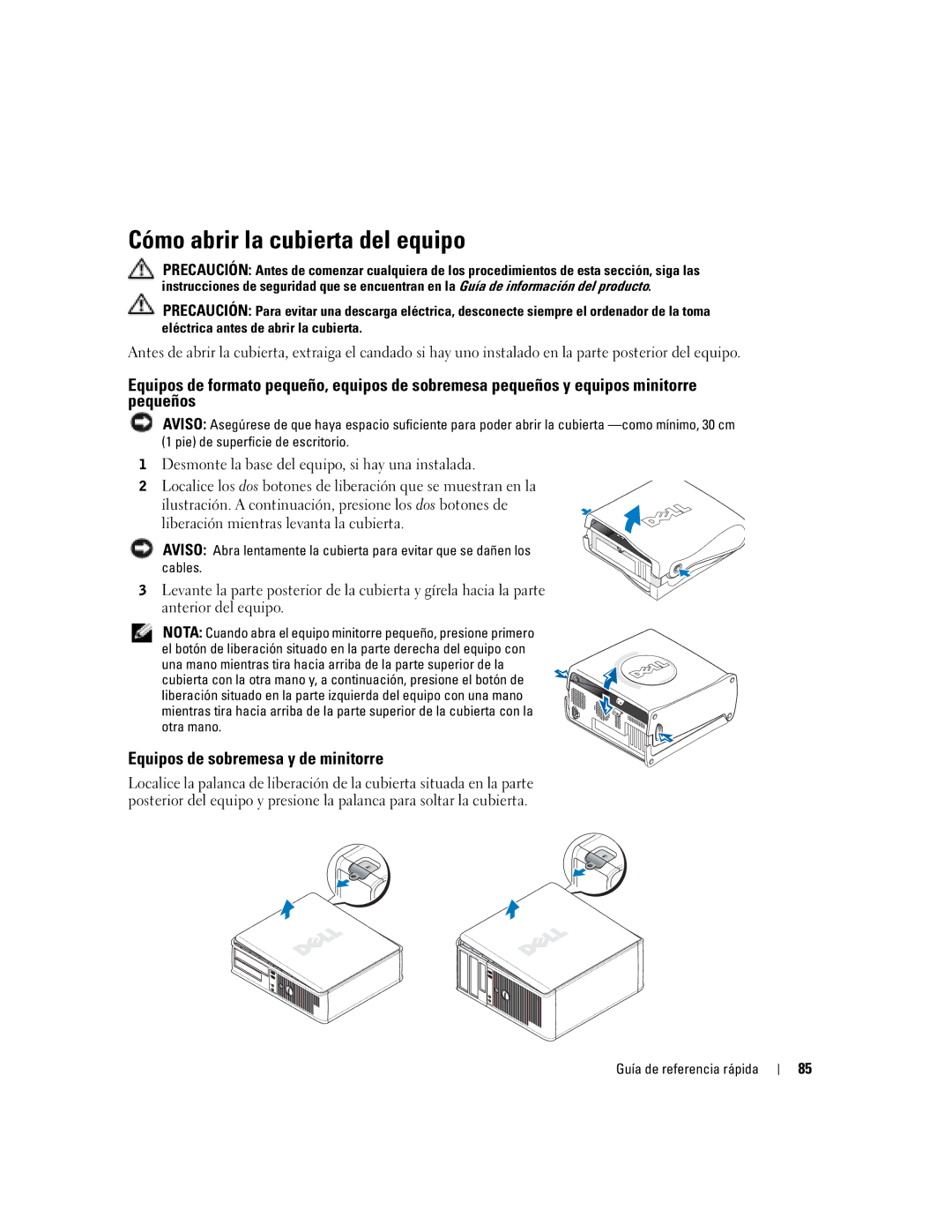 Dell K7821 manual Cómo abrir la cubierta del equipo, Equipos de sobremesa y de minitorre 