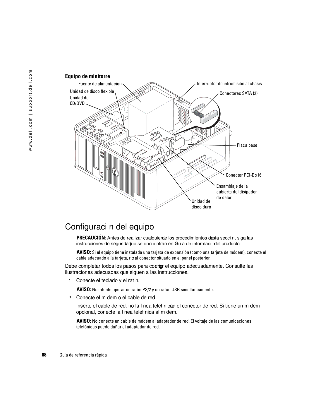 Dell K7821 manual Configuración del equipo, Fuente de alimentación Unidad de disco flexible Unidad de, De calor 