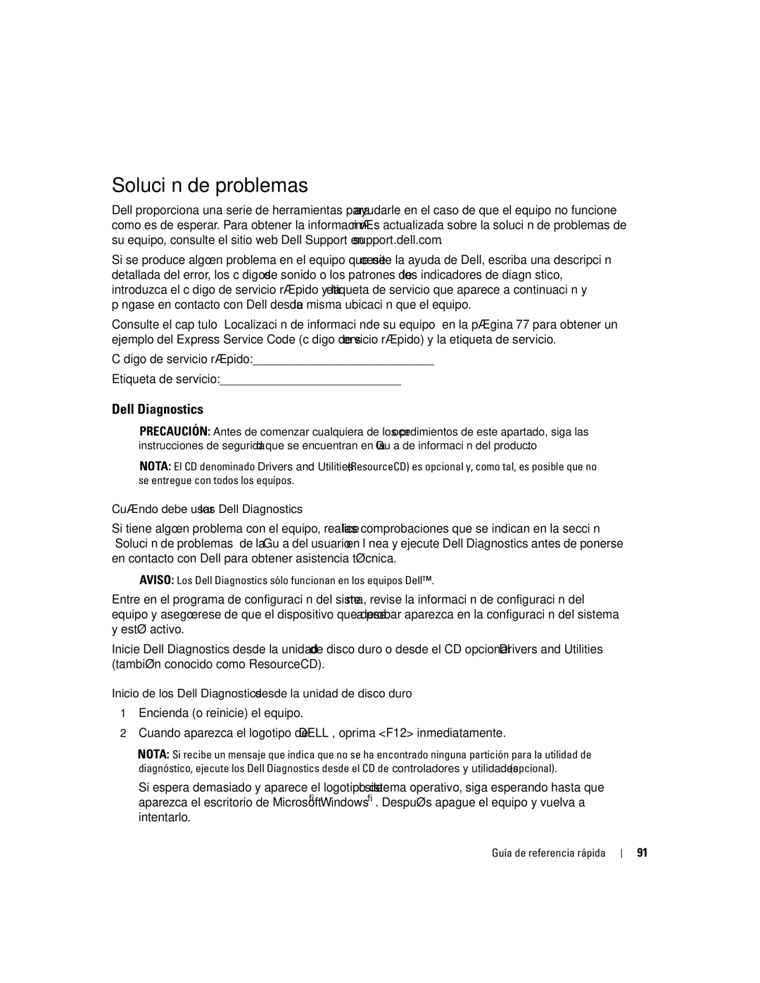 Dell K7821 manual Solución de problemas, Cuándo debe usar los Dell Diagnostics 