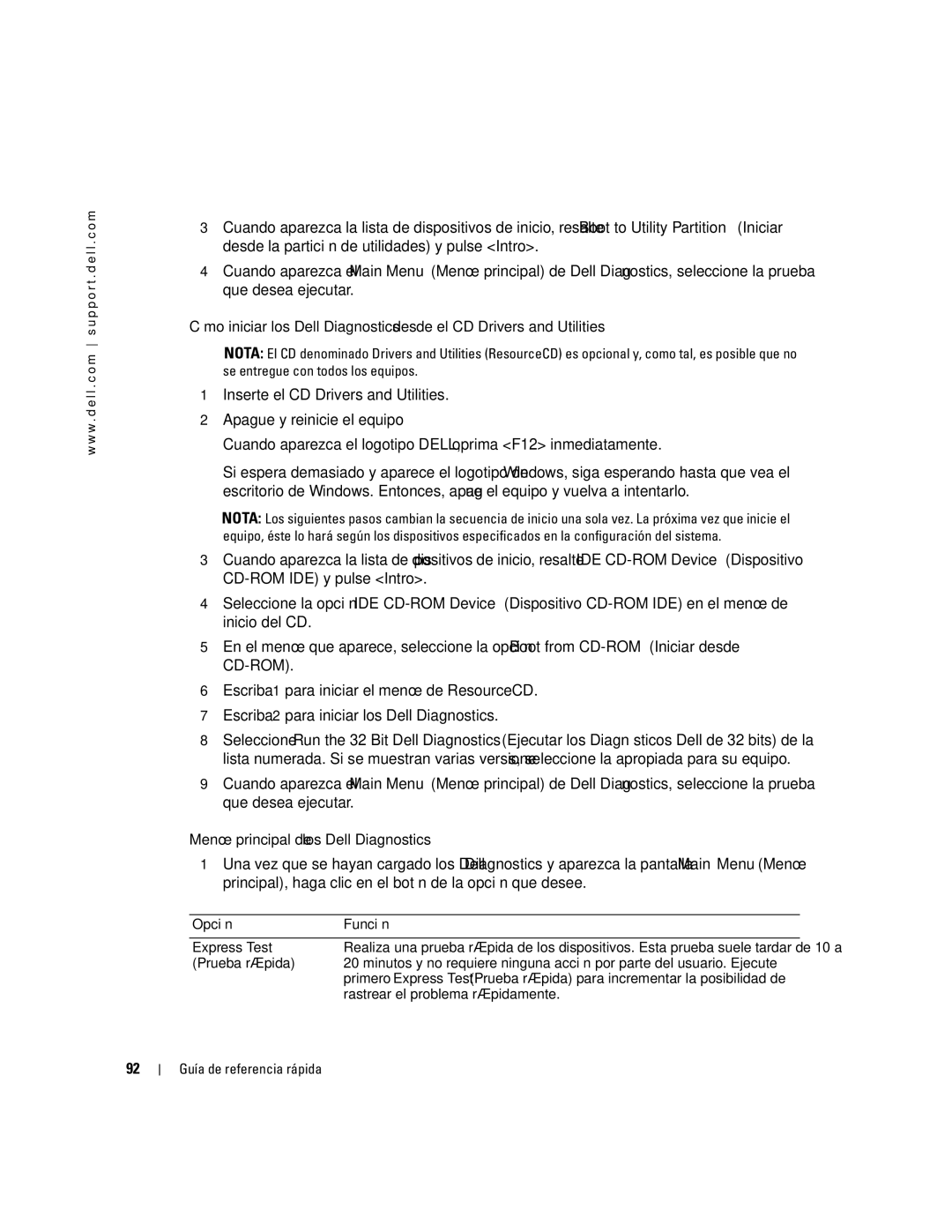 Dell K7821 manual Menú principal de los Dell Diagnostics, Opción Función 