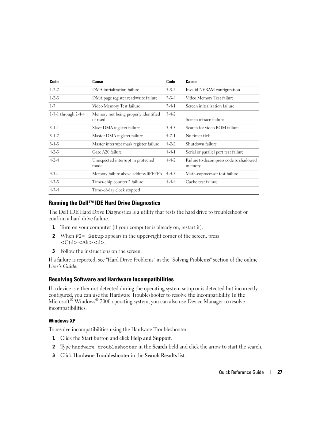 Dell K7822 Running the Dell IDE Hard Drive Diagnostics, Resolving Software and Hardware Incompatibilities, Windows XP 