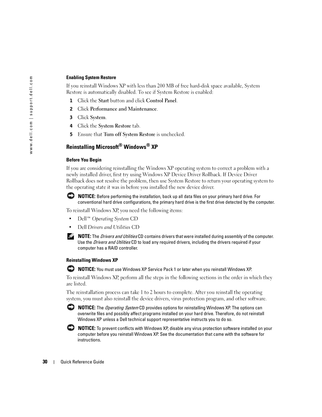 Dell K7822 manual Reinstalling Microsoft Windows XP, Enabling System Restore, Before You Begin 