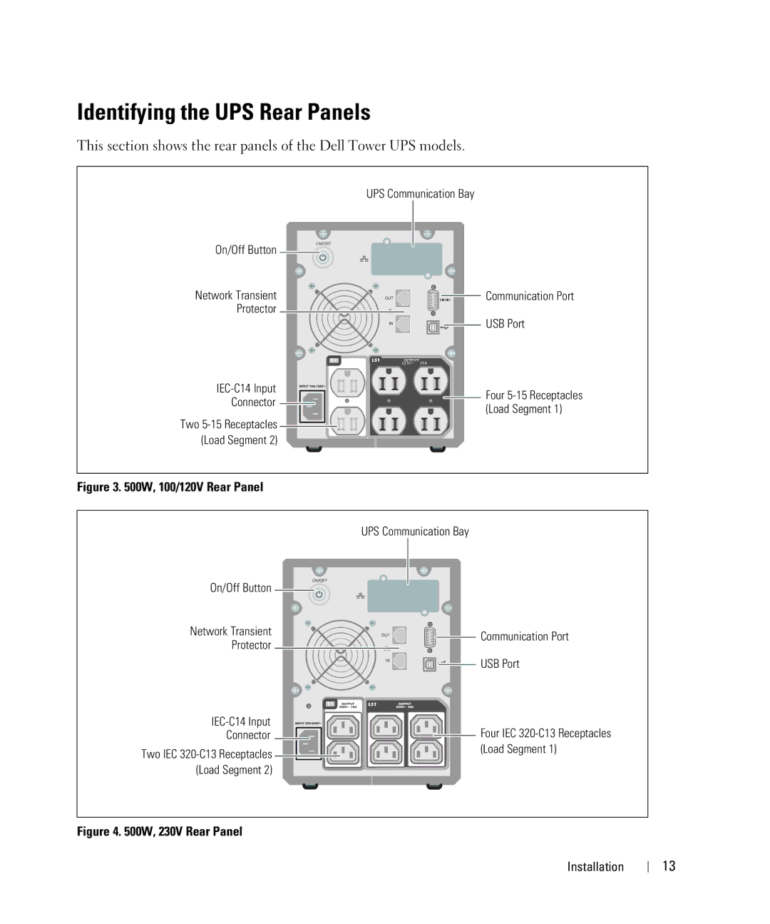 Dell H914N, K789N, K788N, K806N, 500W, H900N, H965N, J715N, J716N manual Identifying the UPS Rear Panels, 100/120V Rear Panel 