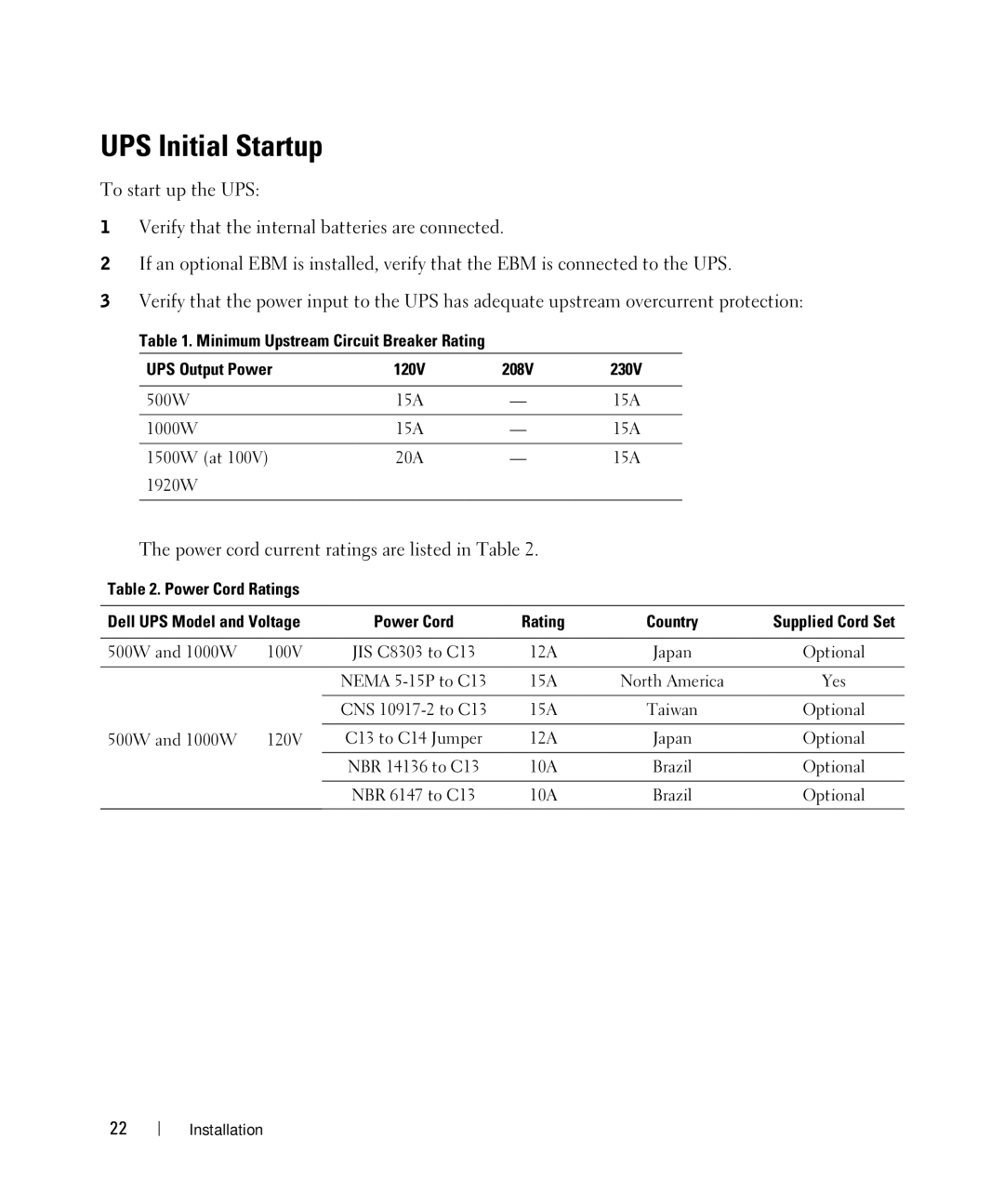 Dell H914N, K789N, K788N UPS Initial Startup, Minimum Upstream Circuit Breaker Rating UPS Output Power, Power Cord Ratings 