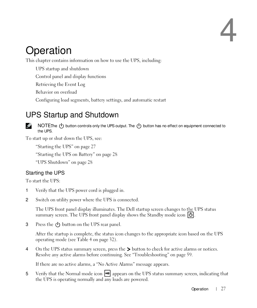 Dell K789N, K788N, K806N, 500W, H914N, H900N, H965N, J715N, J716N manual Operation, UPS Startup and Shutdown, Starting the UPS 