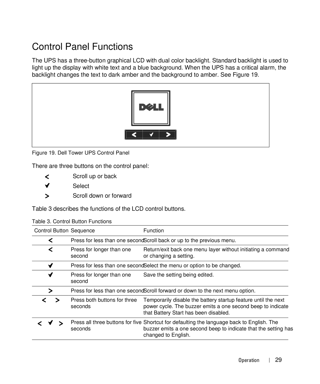 Dell K806N, K789N, K788N, 500W, H914N, H900N, H965N Control Panel Functions, Control Button Functions Control Button Sequence 