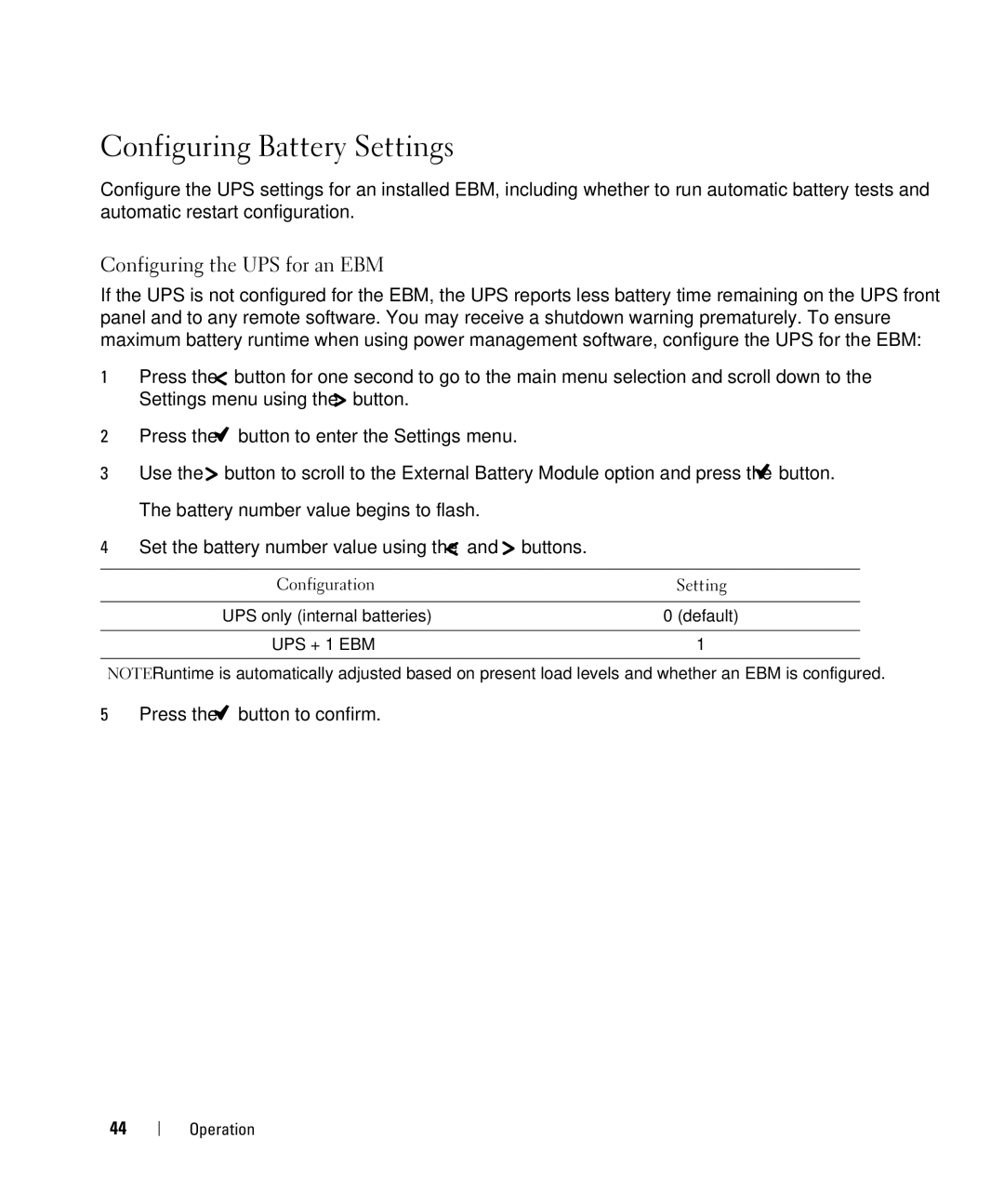 Dell J716N, K789N, K788N, K806N, 500W, H914N, H900N, H965N, J715N Configuring Battery Settings, Configuring the UPS for an EBM 