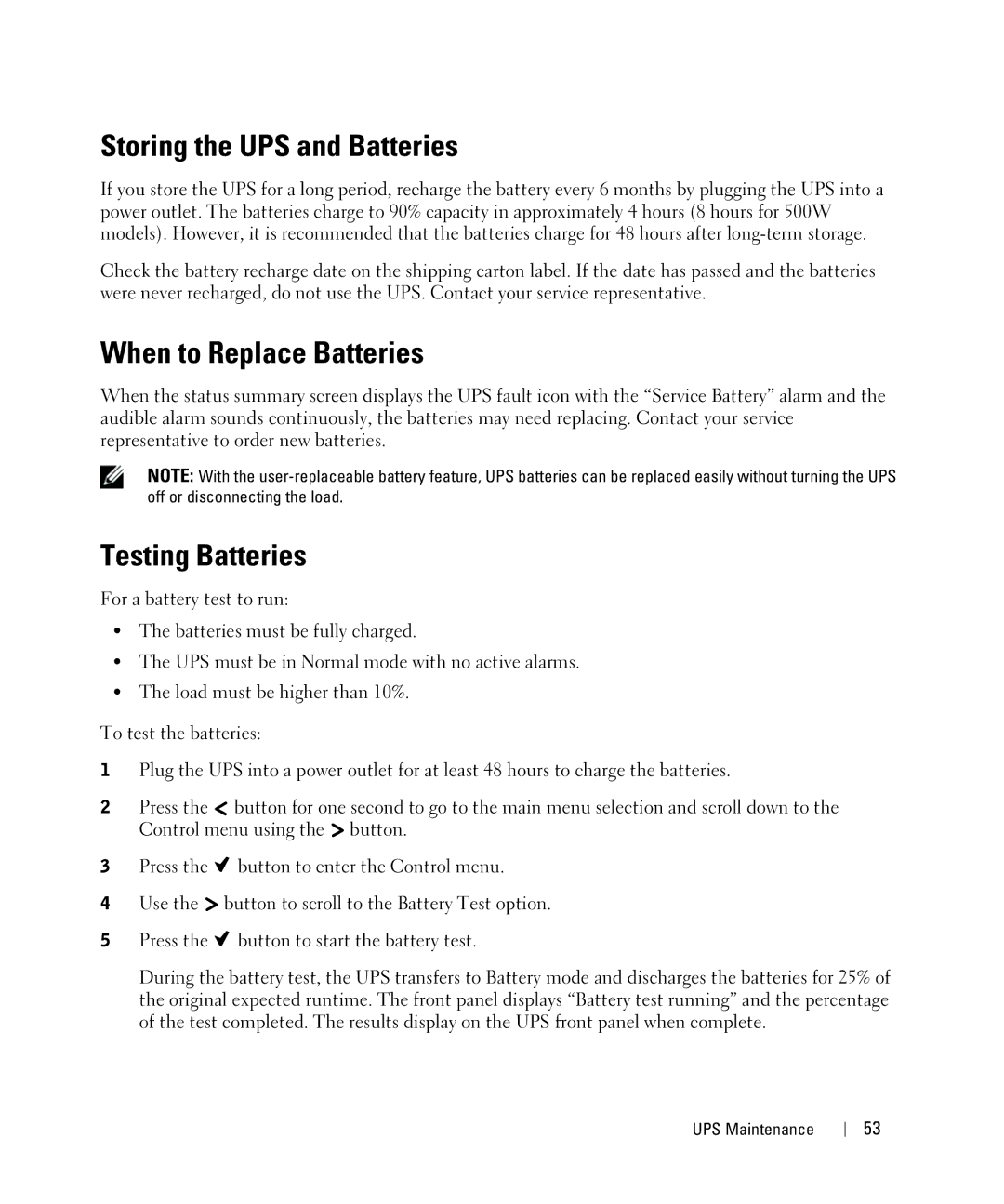 Dell J716N, K789N, K788N, K806N, 500W, H914N, H900N Storing the UPS and Batteries, When to Replace Batteries, Testing Batteries 