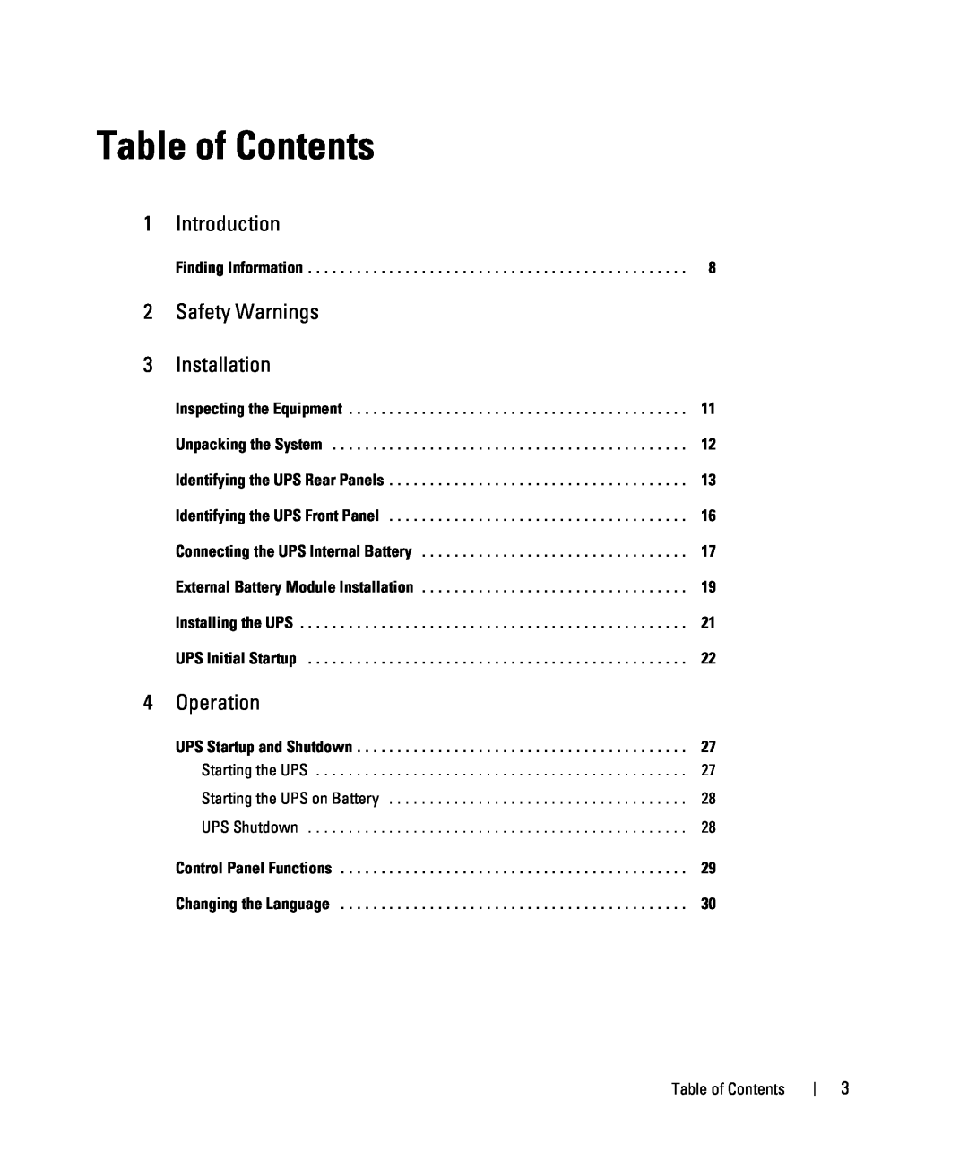 Dell 500W Table of Contents, Introduction, Safety Warnings, Installation, Operation, UPS Initial Startup, Starting the UPS 