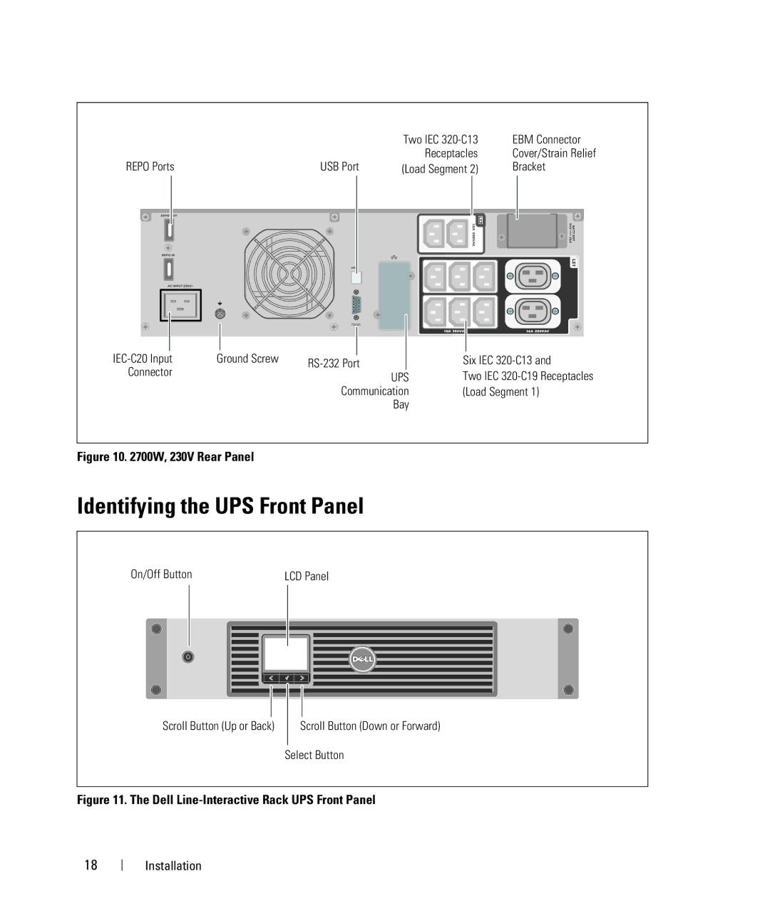 Dell 1000W, K802N, K811N, K792N, J735N, 2700W manual Identifying the UPS Front Panel, Dell Line-Interactive Rack UPS Front Panel 