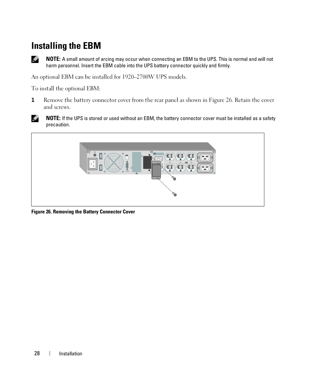 Dell K802N, K811N, K792N, J735N, 1000W, 2700W, J727N, H945N, 1920W, H928N Installing the EBM, Removing the Battery Connector Cover 