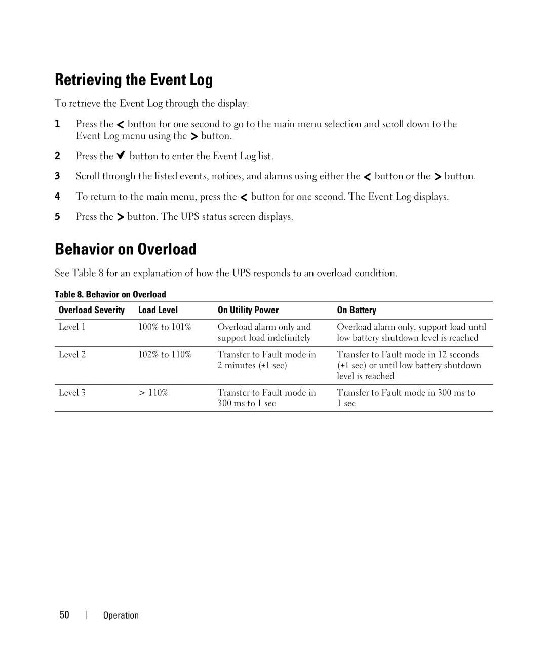 Dell 1920W, K802N, K811N, K792N, J735N, 1000W, 2700W, J727N, H945N, H928N, H919N Retrieving the Event Log, Behavior on Overload 