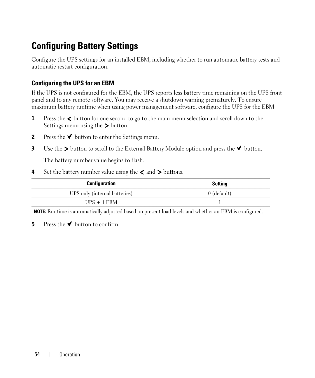 Dell 1500W, K802N, K811N, K792N, J735N, 1000W, 2700W, J727N, H945N Configuring Battery Settings, Configuring the UPS for an EBM 