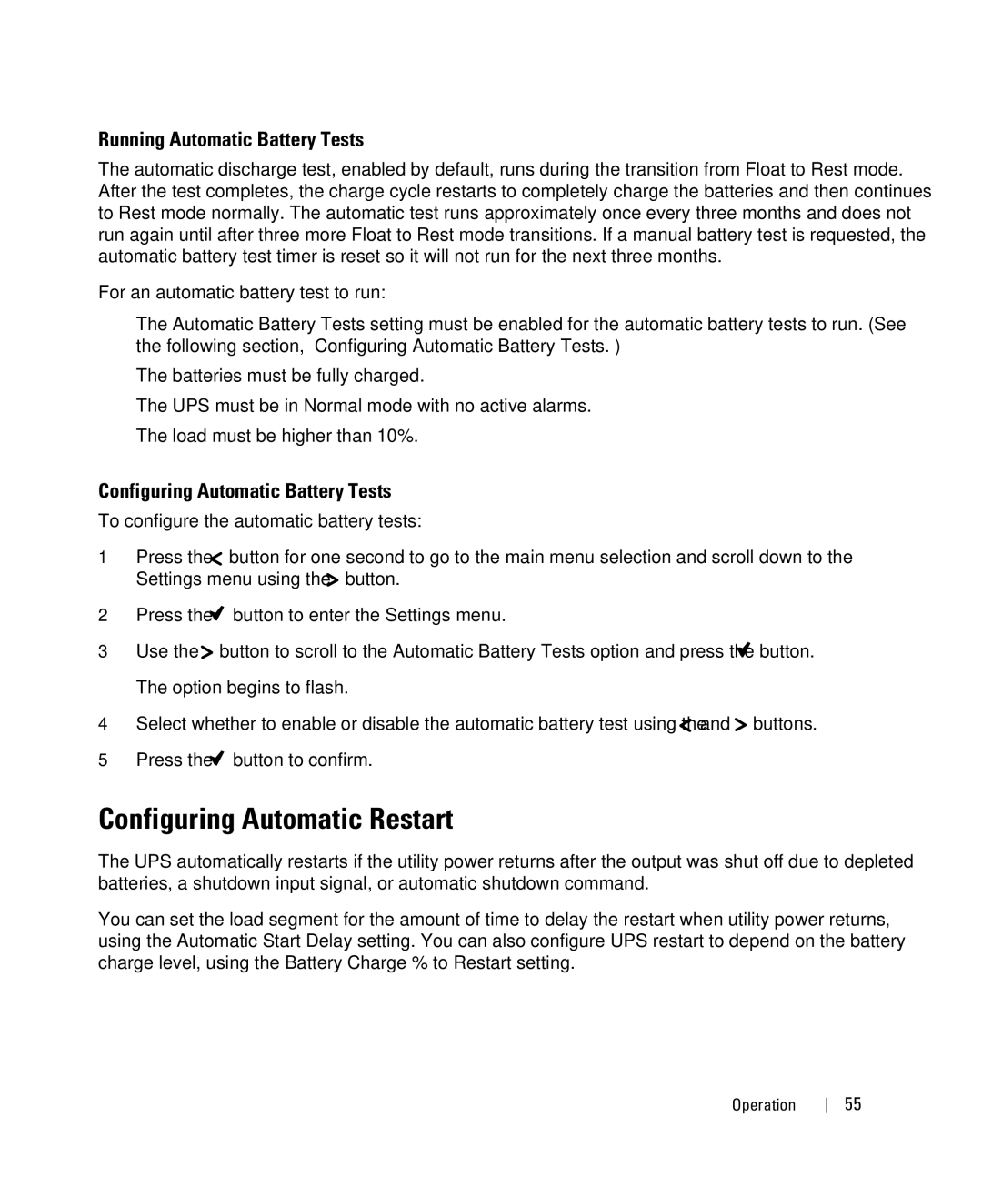 Dell J718N, K802N manual Configuring Automatic Restart, Running Automatic Battery Tests, Configuring Automatic Battery Tests 