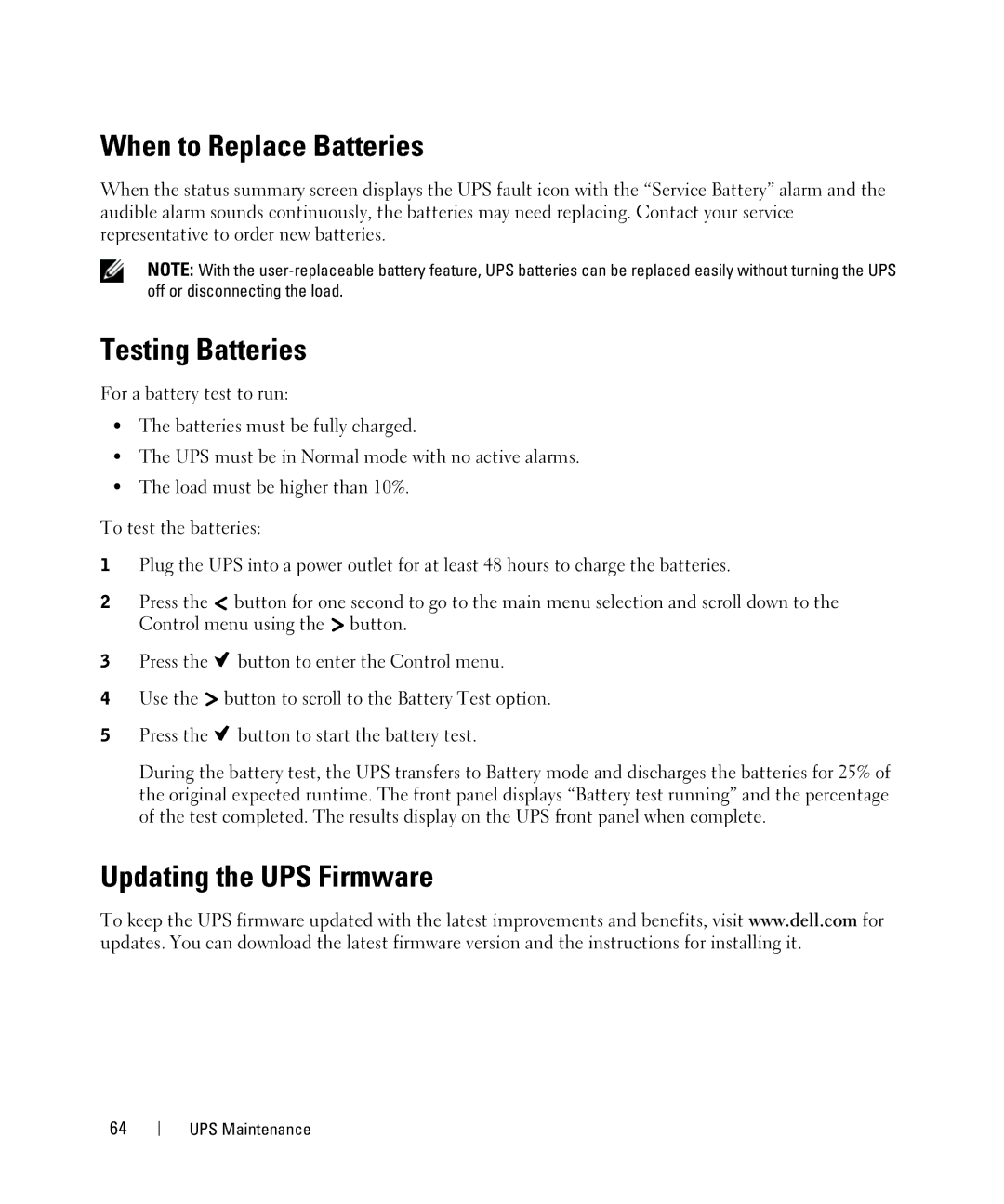 Dell 1920W, K802N, K811N, K792N, J735N, 1000W, 2700W When to Replace Batteries, Testing Batteries, Updating the UPS Firmware 