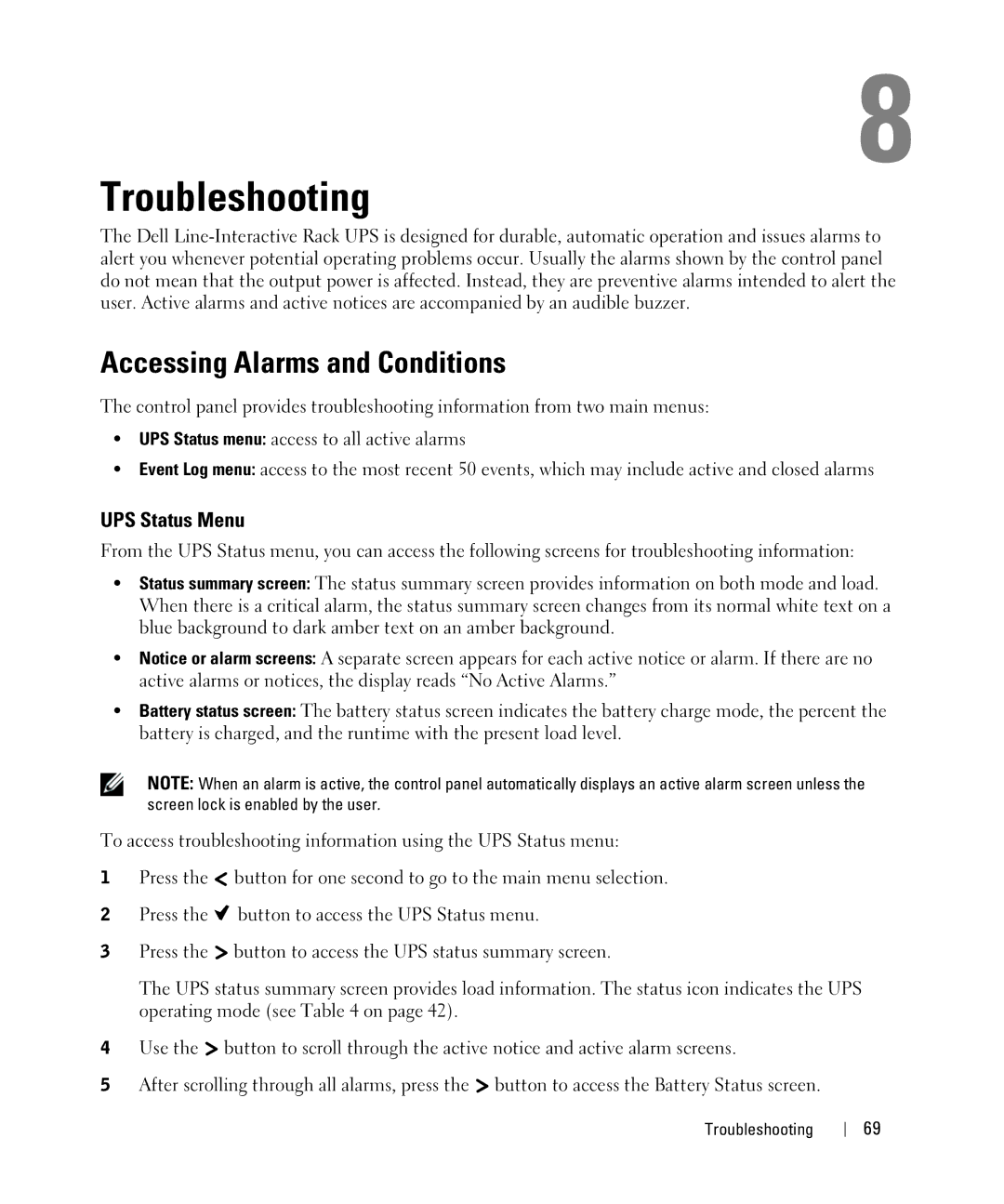 Dell J718N, K802N, K811N, K792N, J735N, 1000W, 2700W, J727N Troubleshooting, Accessing Alarms and Conditions, UPS Status Menu 