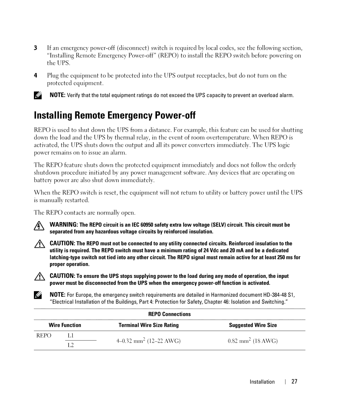 Dell H967N, K803N, J728N, H950N manual Installing Remote Emergency Power-off, Repo Connections Wire Function 