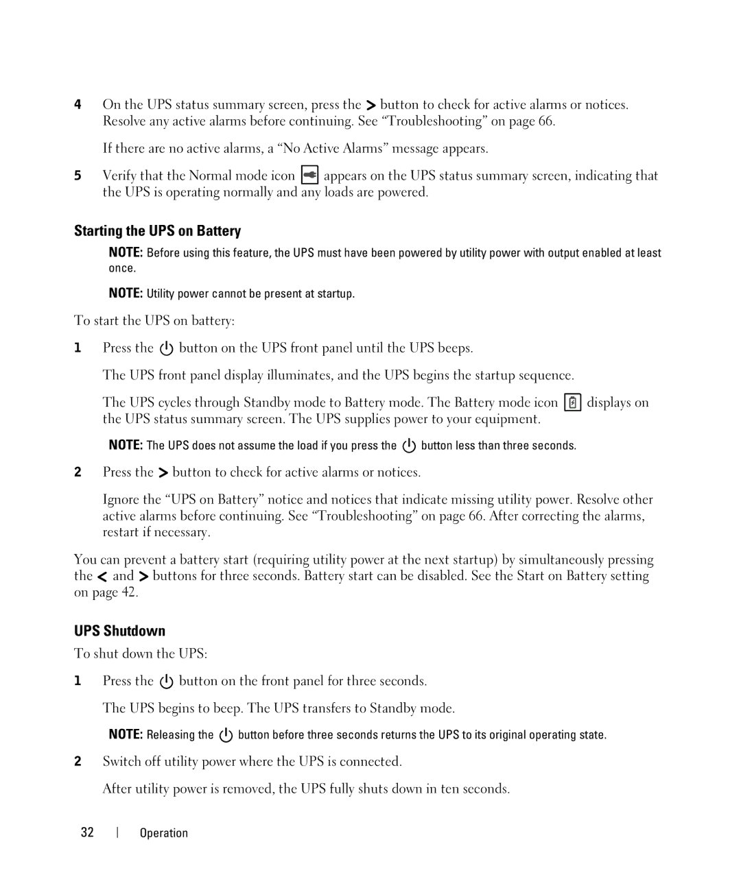 Dell K803N, J728N, H950N, H967N manual Starting the UPS on Battery, UPS Shutdown 