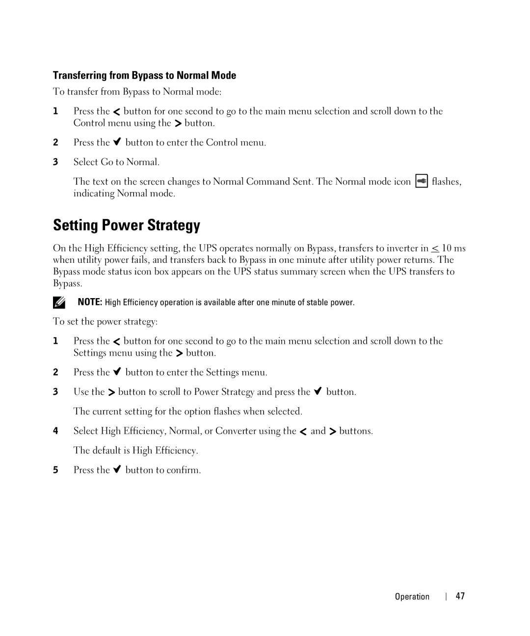 Dell H967N, K803N, J728N, H950N manual Setting Power Strategy, Transferring from Bypass to Normal Mode 