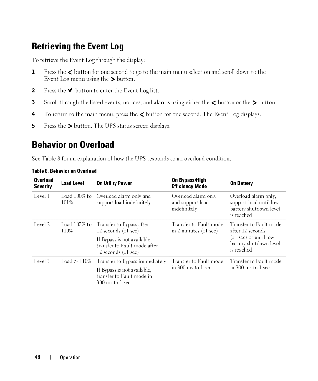 Dell K803N, J728N, H950N, H967N manual Retrieving the Event Log, Behavior on Overload 