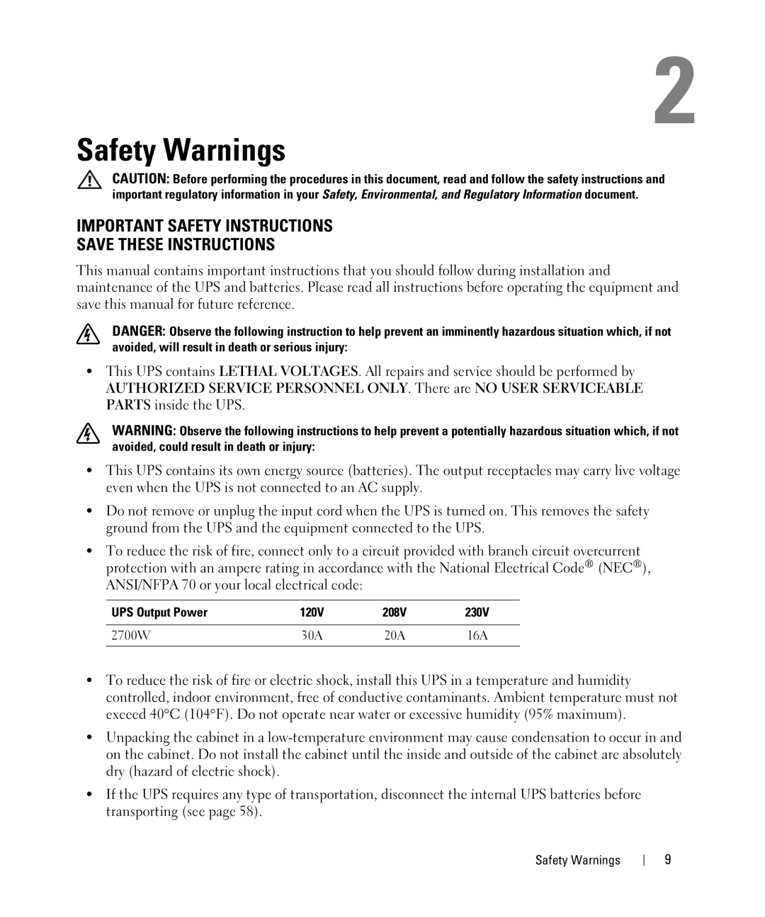 Dell J728N, K803N, H950N, H967N manual Safety Warnings, UPS Output Power 