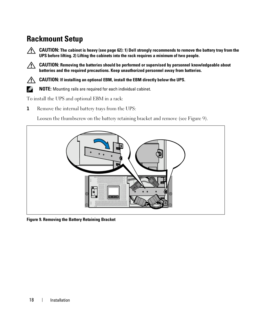 Dell J730N, K805N, J739N, K804N, 3750W, H952N, 4200W manual Rackmount Setup, Removing the Battery Retaining Bracket 