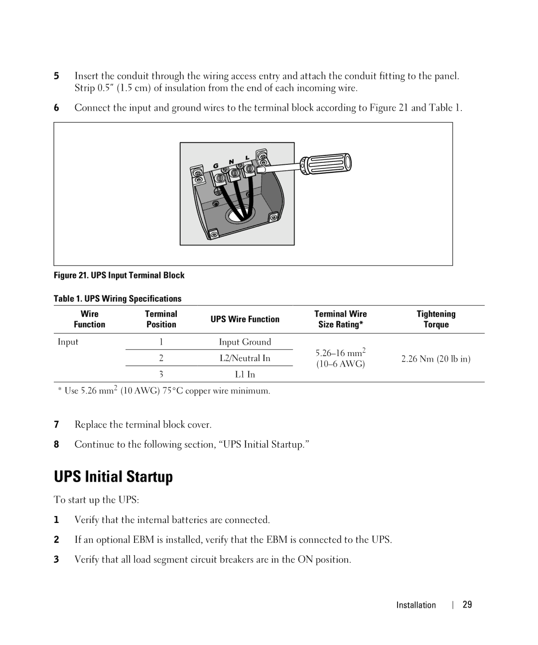 Dell J739N, K805N, K804N, 3750W, J730N, H952N, 4200W UPS Initial Startup, UPS Input Terminal Block UPS Wiring Specifications 